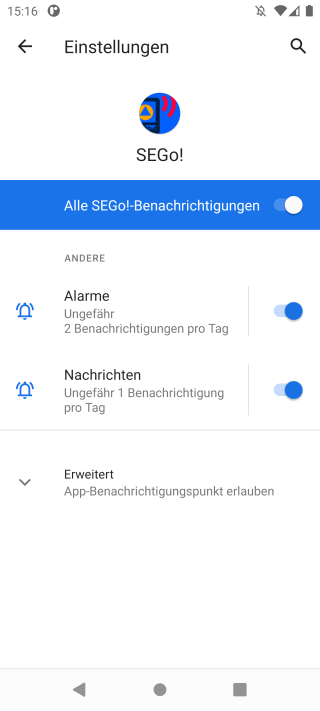 SEGo! Benachrichtigung-Einstellungen