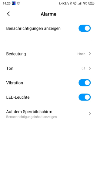 Einstellungen Alarme-Benachrichtigungen